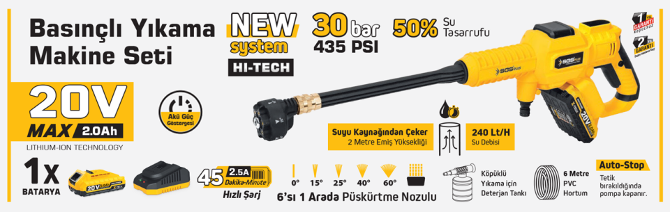 AKÜLÜ BASINÇLI YIKAMA MAKİNESİ SETİ 30BAR 435PSI 1*2.0Ah