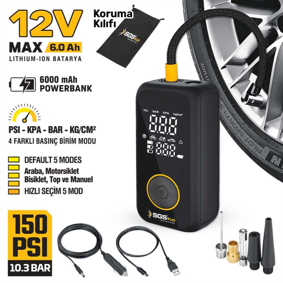 ŞARJLI HAVA KOMPRESÖRÜ DİJİTAL 12V 6.0 Ah (150 PSI)
